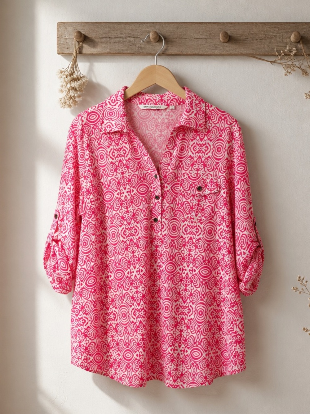 Women's Pink Printed Button-Down Roll-Tab Shirt